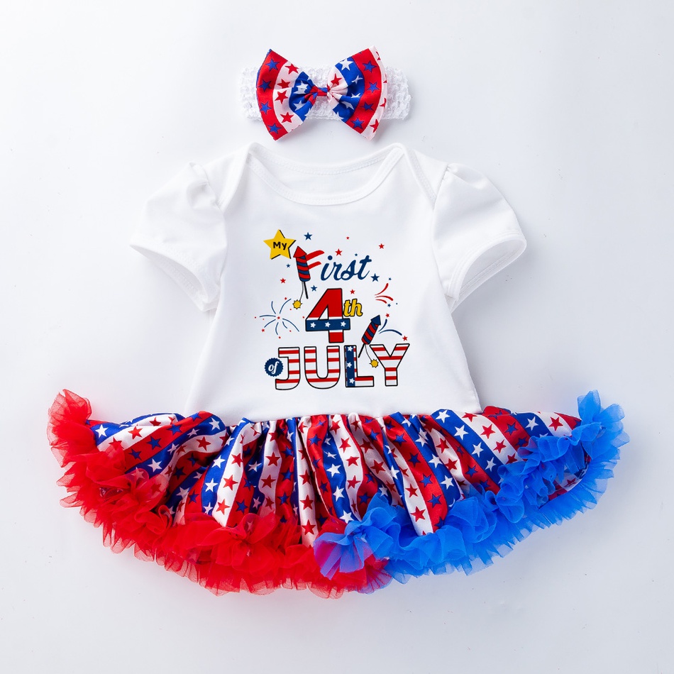 Baby 4th of July Independence Day Stars Tulle Tutu Dress Rompers with Headband